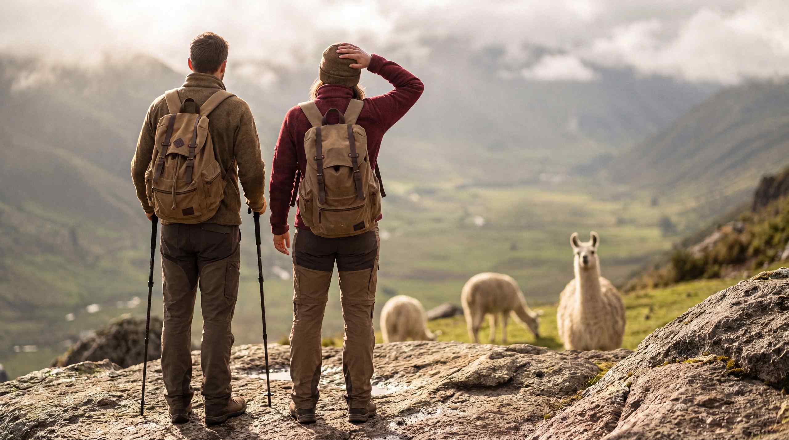 Two hikers looking for a mountain as Llamas look at them.